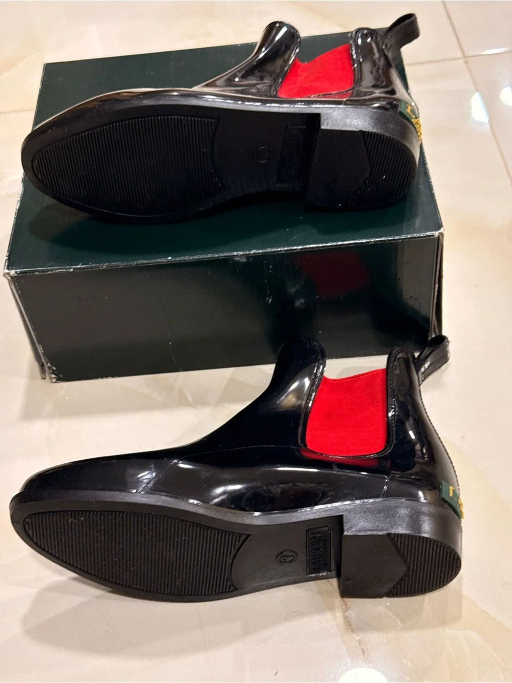 Polo by Ralph Lauren Black Patent Chelsea Boots with Red Elastic